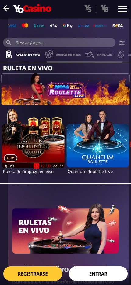 Sección de ruletas en vivo en el casino YoBingo.