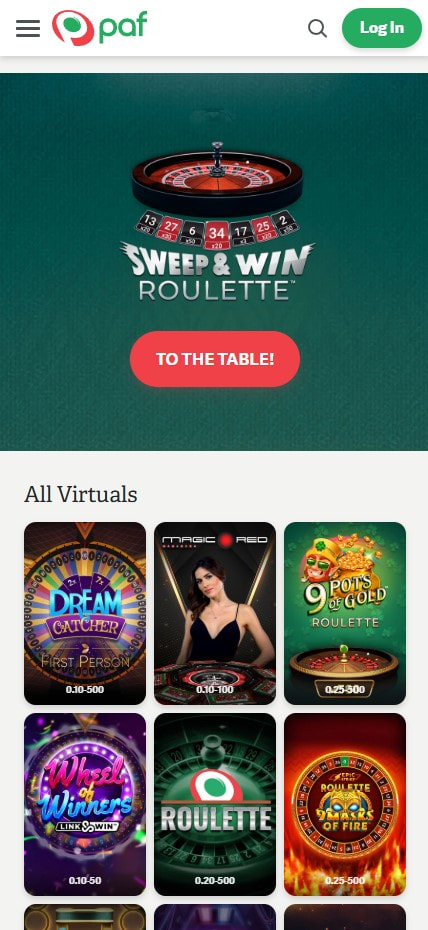 Sección de ruletas en vivo en el casino Paf.