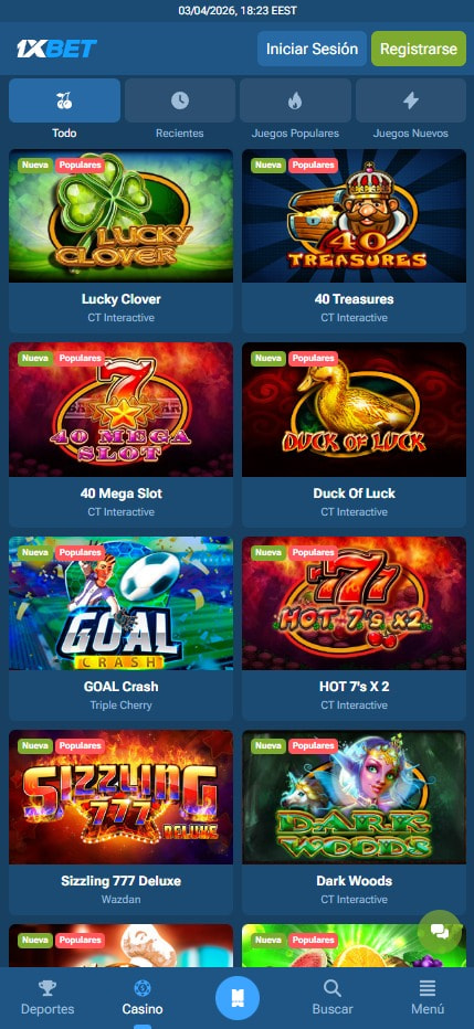 Sección de slots en el casino 1xBet.