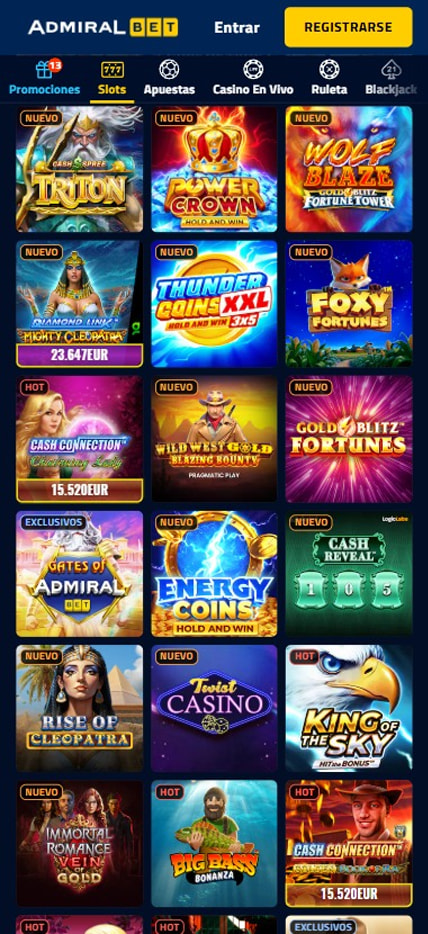Página de los juegos de tragaperras de AdmiralBet.
