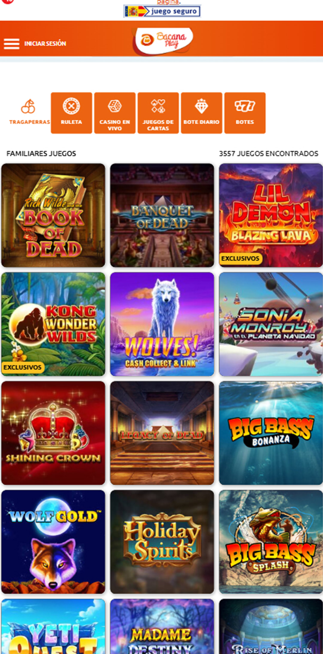 Sección de slots en el casino BacanaPlay.