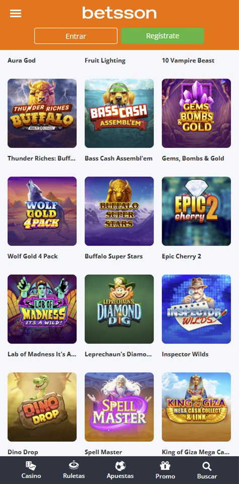 Sección de slots en el casino Betsson.