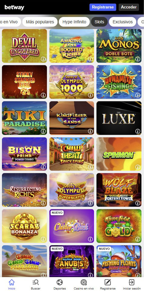 Sección de slots en el casino Betway.