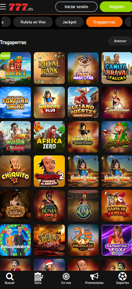 Sección de slots en el Casino777.