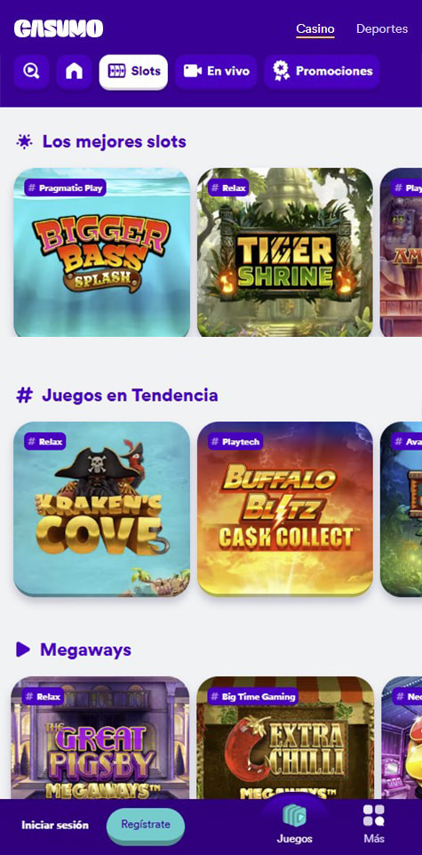 Sección de slots en el casino Casumo.