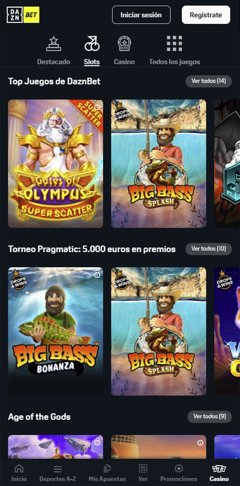 Sección de slots en el casino DAZN Bet.