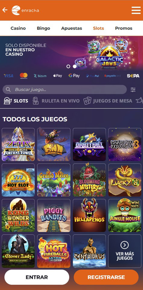 Sección de slots en el casino Enracha.