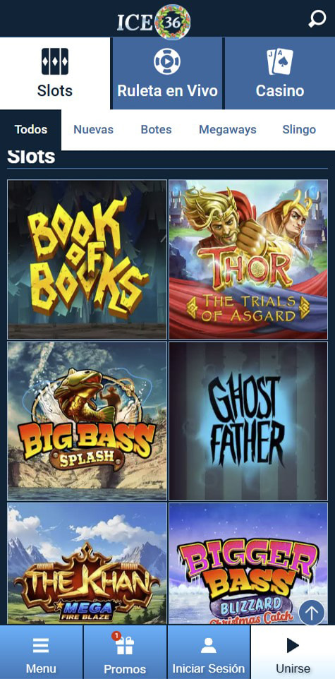 Sección de slots en el casino ICE36.