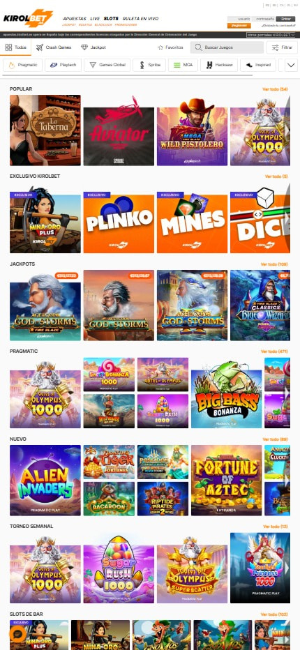 Sección de slots en el casino KIROLBET.