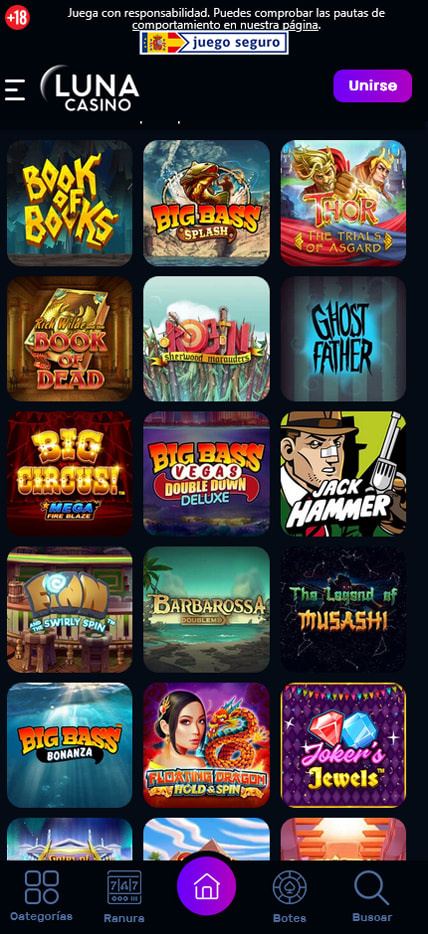 Sección de slots en Luna Casino.