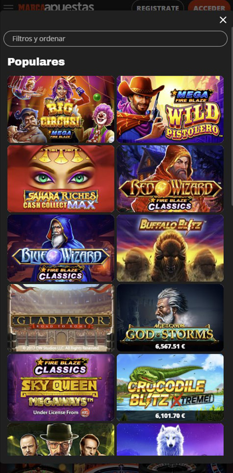 Sección de slots en el casino MARCA.