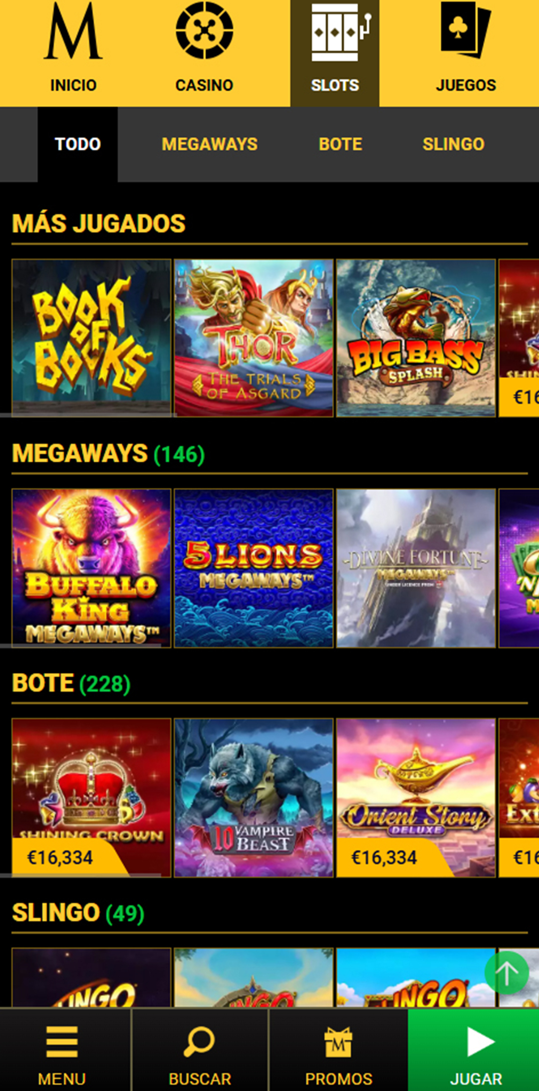Sección de slots en el casino Mega Casino.