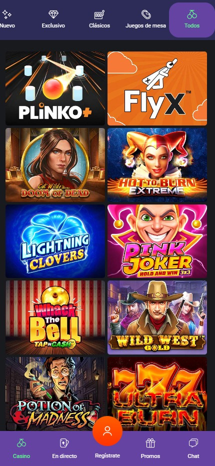 Sección de slots en  OneCasino