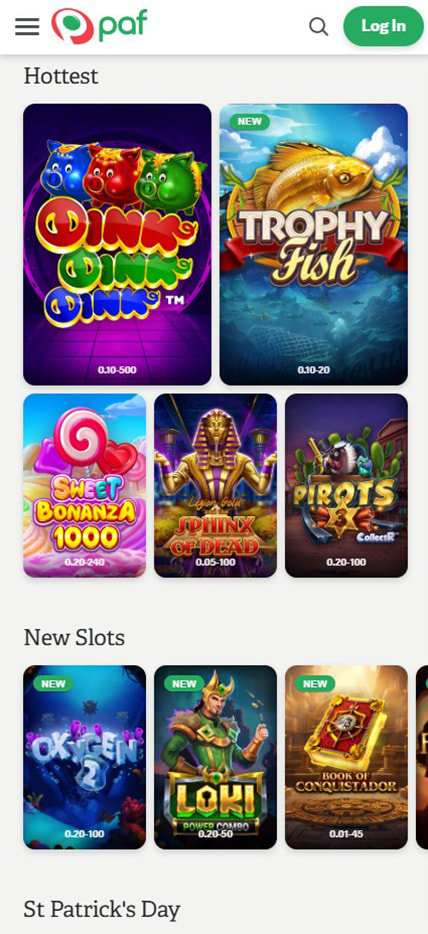Sección de slots en el casino Paf.