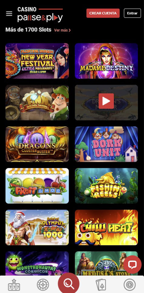 Sección de slots en el casino Pause&Play.