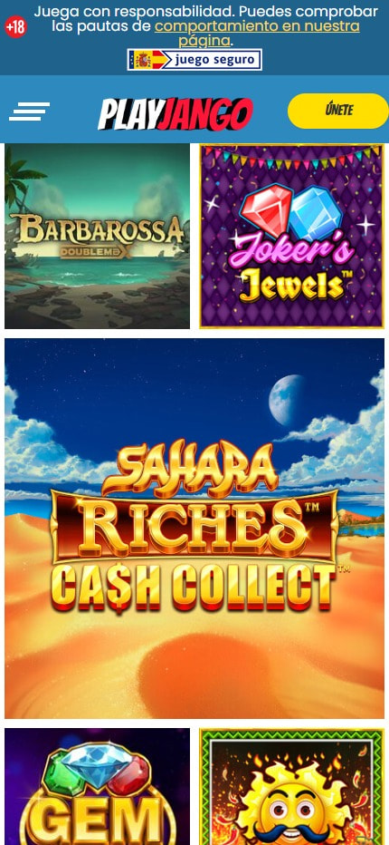 Sección de slots en el casino Play Jango