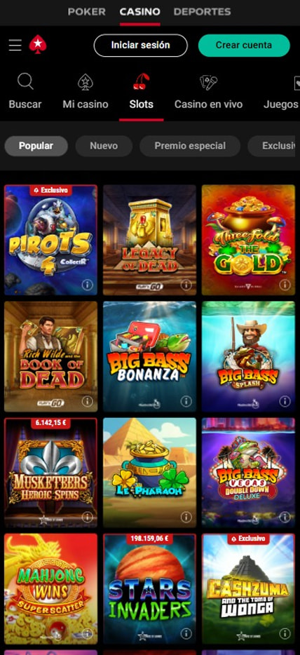 Sección de slots en PokerStars