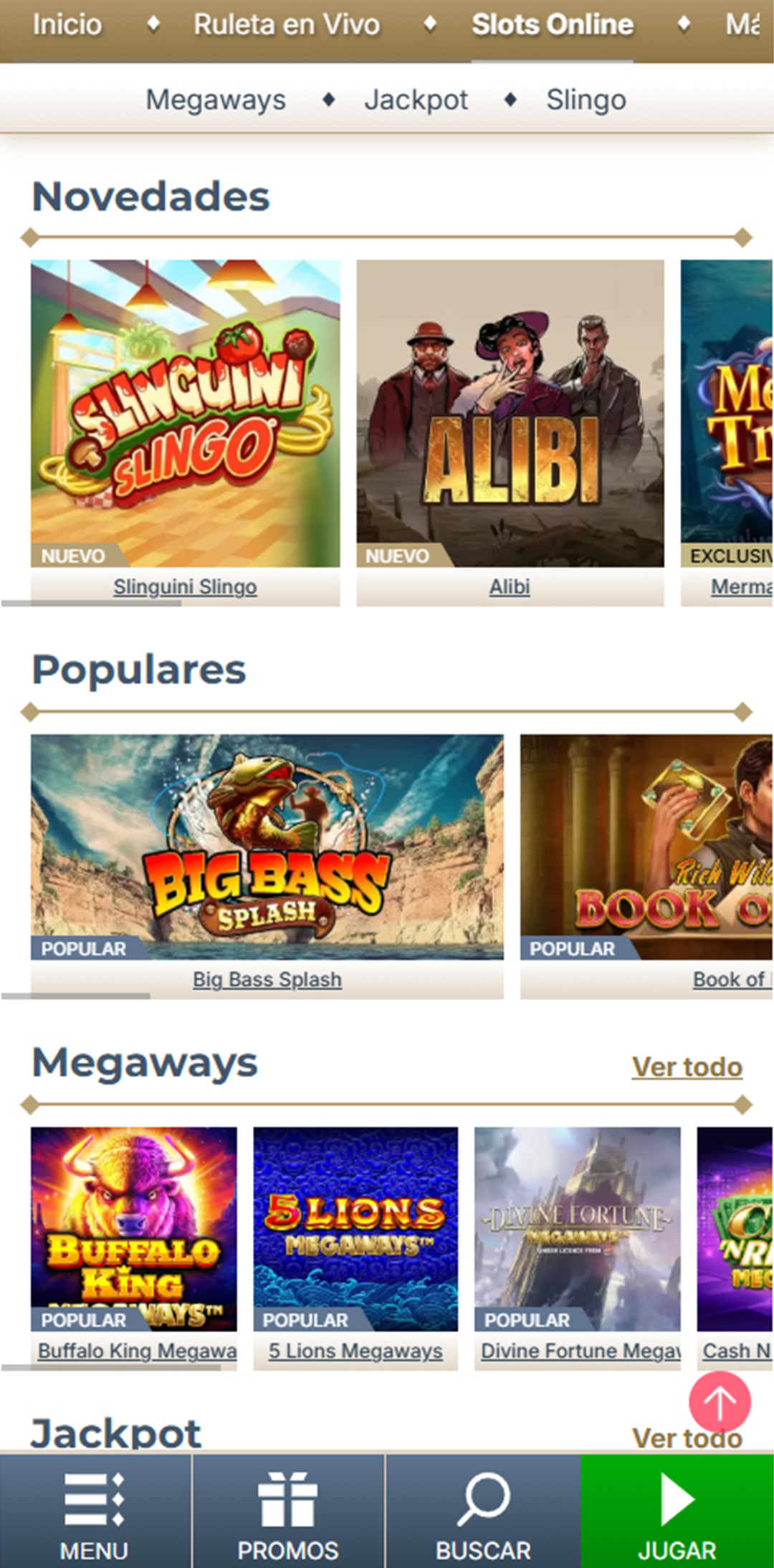 Sección de slots en el casino Prime Casino.