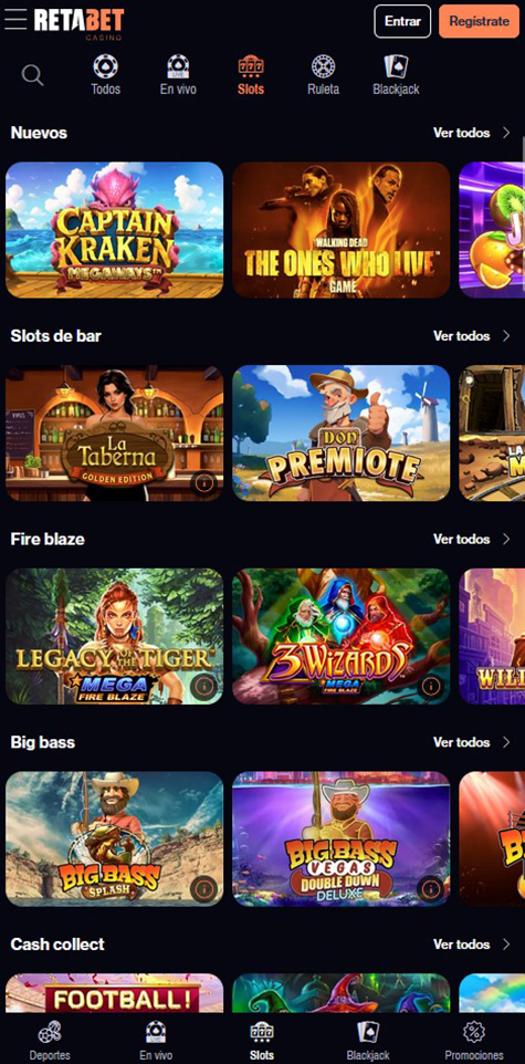 Sección de slots en el casino Retabet.