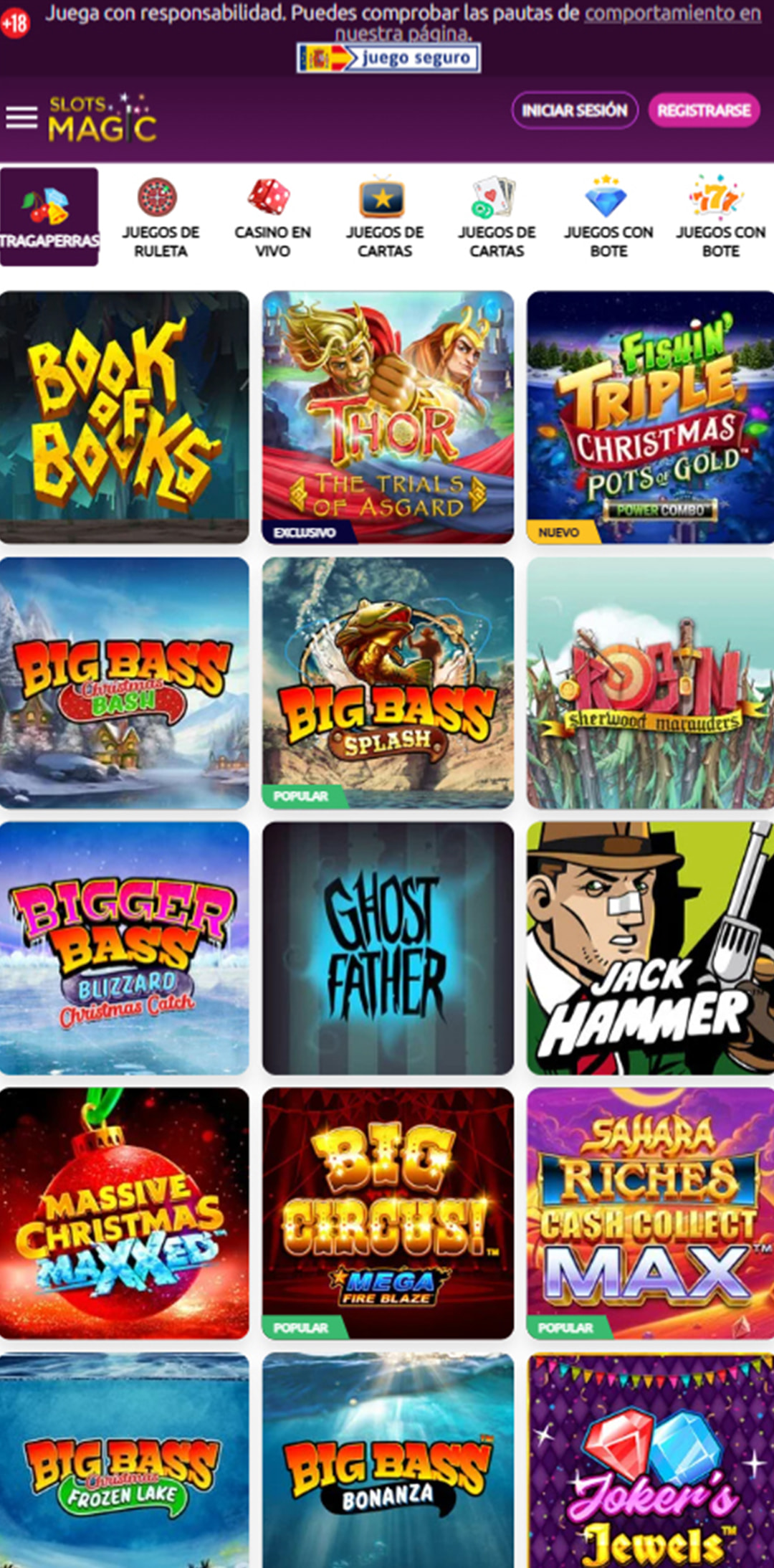 Sección de slots en el casino SlotsMagic.