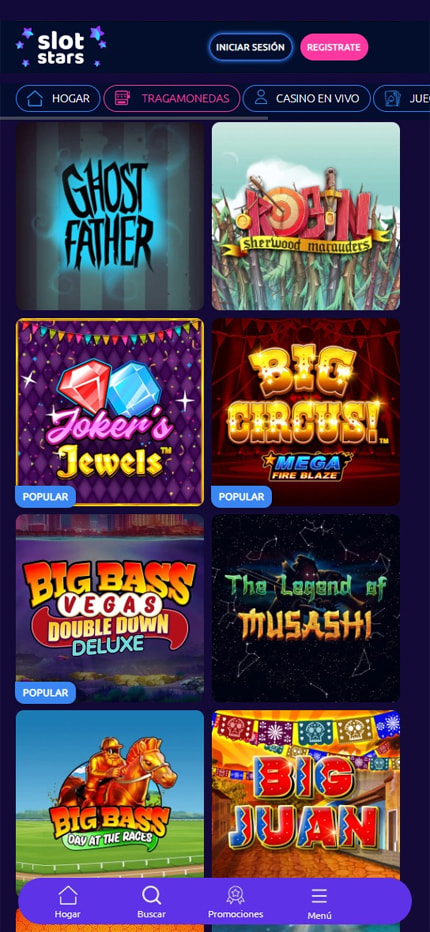 Sección de slots en el casino SlotStars.