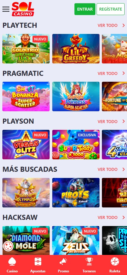 Sección de slots en el casino Solcasino.
