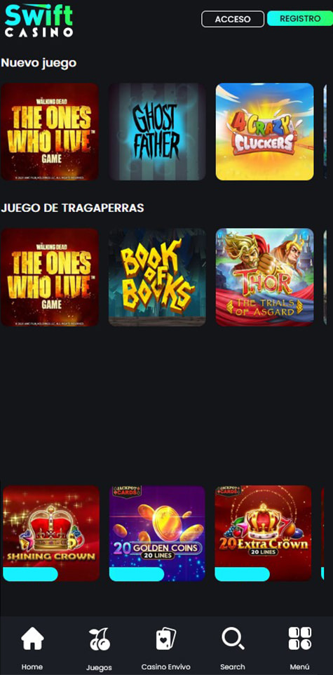Sección de slots en el casino Swift Casino.