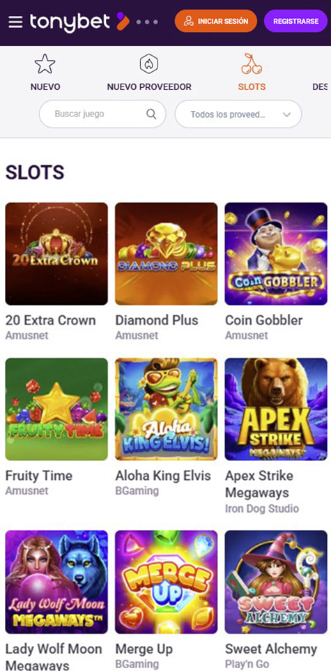 Sección de slots en el casino TonyBet.