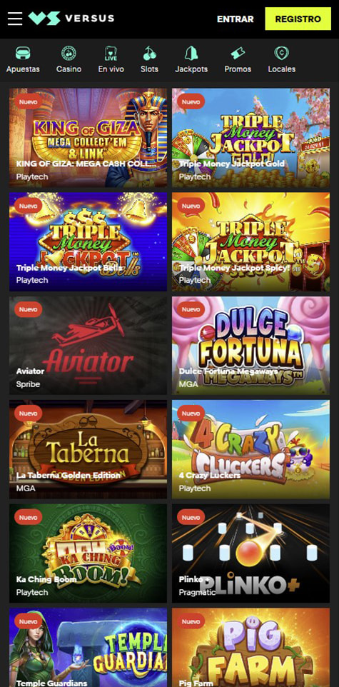 Sección de slots en el casino VERSUS.