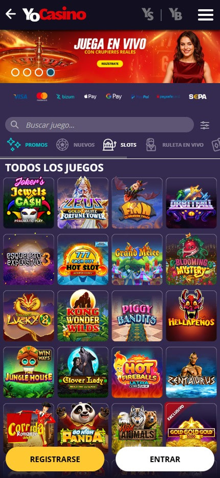 Sección de slots en el casino YoBingo.