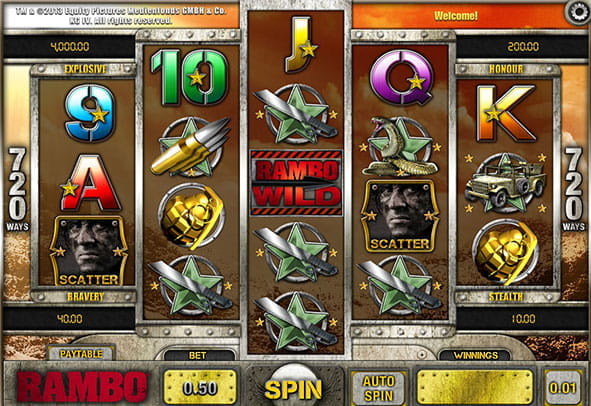 Portada de la tragaperras Rambo para jugar online por dinero real y gratis en casinos online de España con sus cinco rodillos y tres filas.