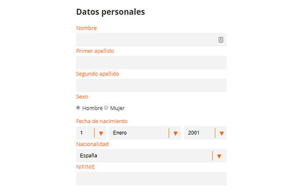 Formulario de registro en un casino online donde se requieren los datos personales.