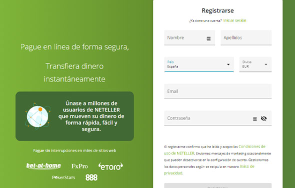 Formulario de registro en Neteller.