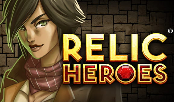 Portada de la slot Relic Heroes. Aparecen la protagonista y el nombre del juego en dorado y color rubí.