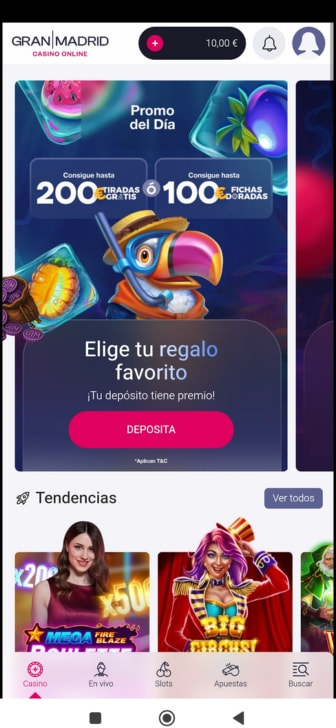 Pantalla de inicio de Gran Madrid Casino Online con saldo disponible