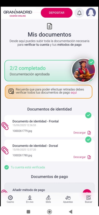Pantalla de verificación de documentos de identidad en Gran Madrid Casino Online