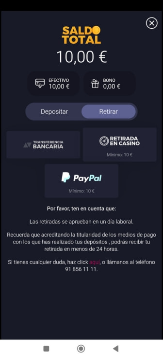 Pantalla de selección de método de retirada en Gran Madrid Casino Online