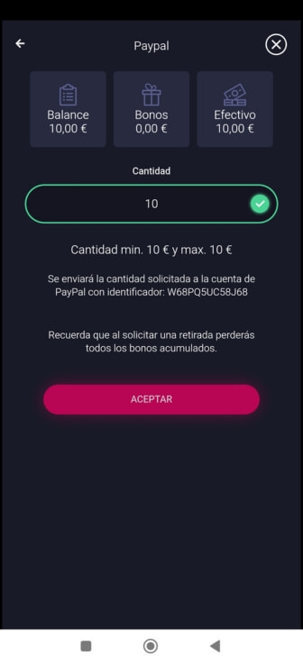 Pantalla de introducción del importe a retirar con PayPal en Gran Madrid Casino Online