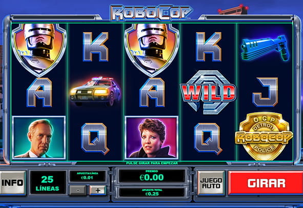 Portada de la slot RoboCop con los símbolos tomados de la película homónima con sus cinco rodillos y tres filas.