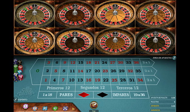 Imagen de una partida de la ruleta multirueda. En la parte superior se ven 8 cilindros y en la inferior, el paño con las apuestas.