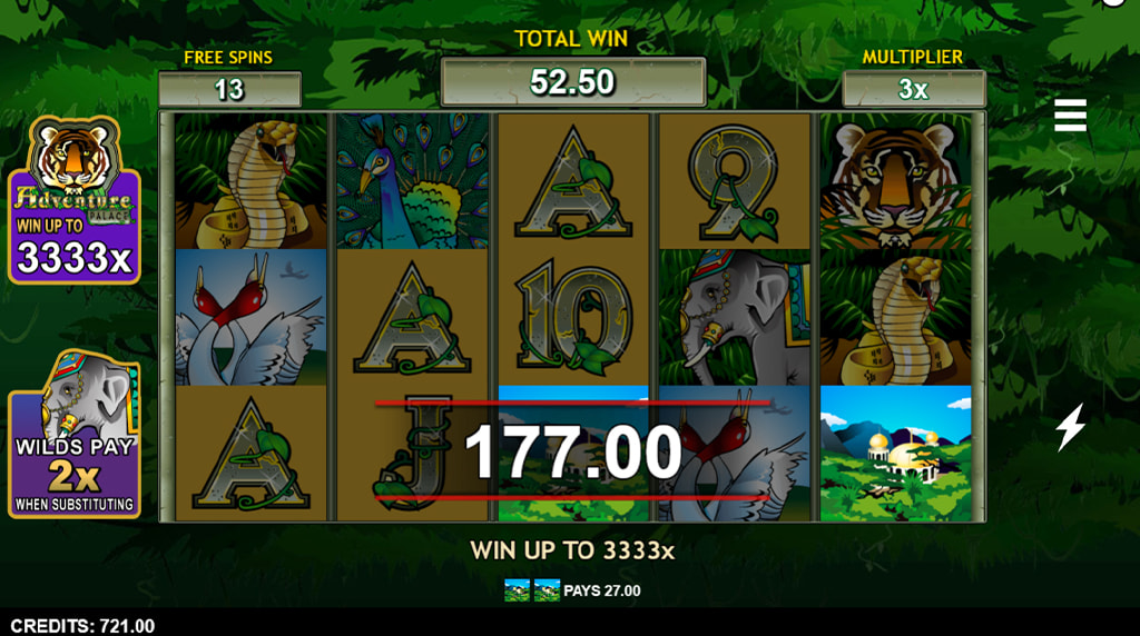 Giros gratis y comodín elefante de la slot Adventure Palace