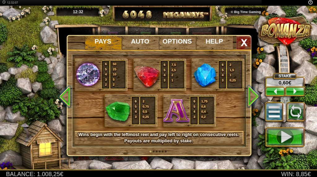 Tabla de pagos y símbolos de la slot Bonanza