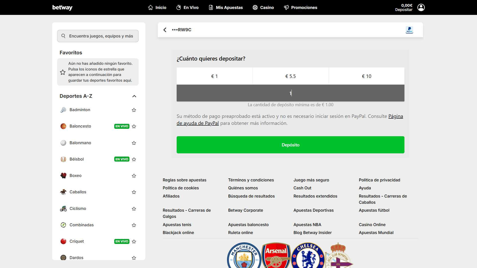 Betway - depósito mínimo de 1€ con PayPal