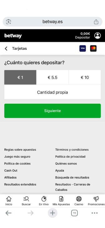Depósito con Visa en Betway