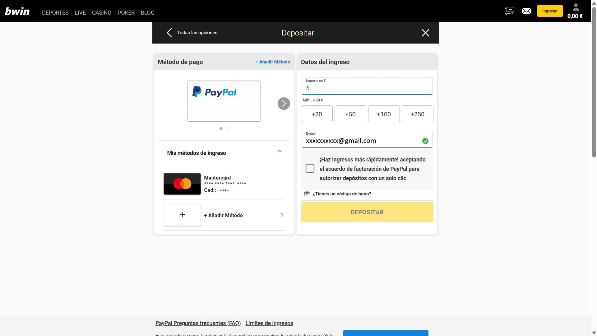bwin - depósito mínimo de 5€ con PaysafeCard