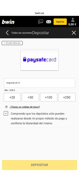 Depósito con PaysafeCard en bwin