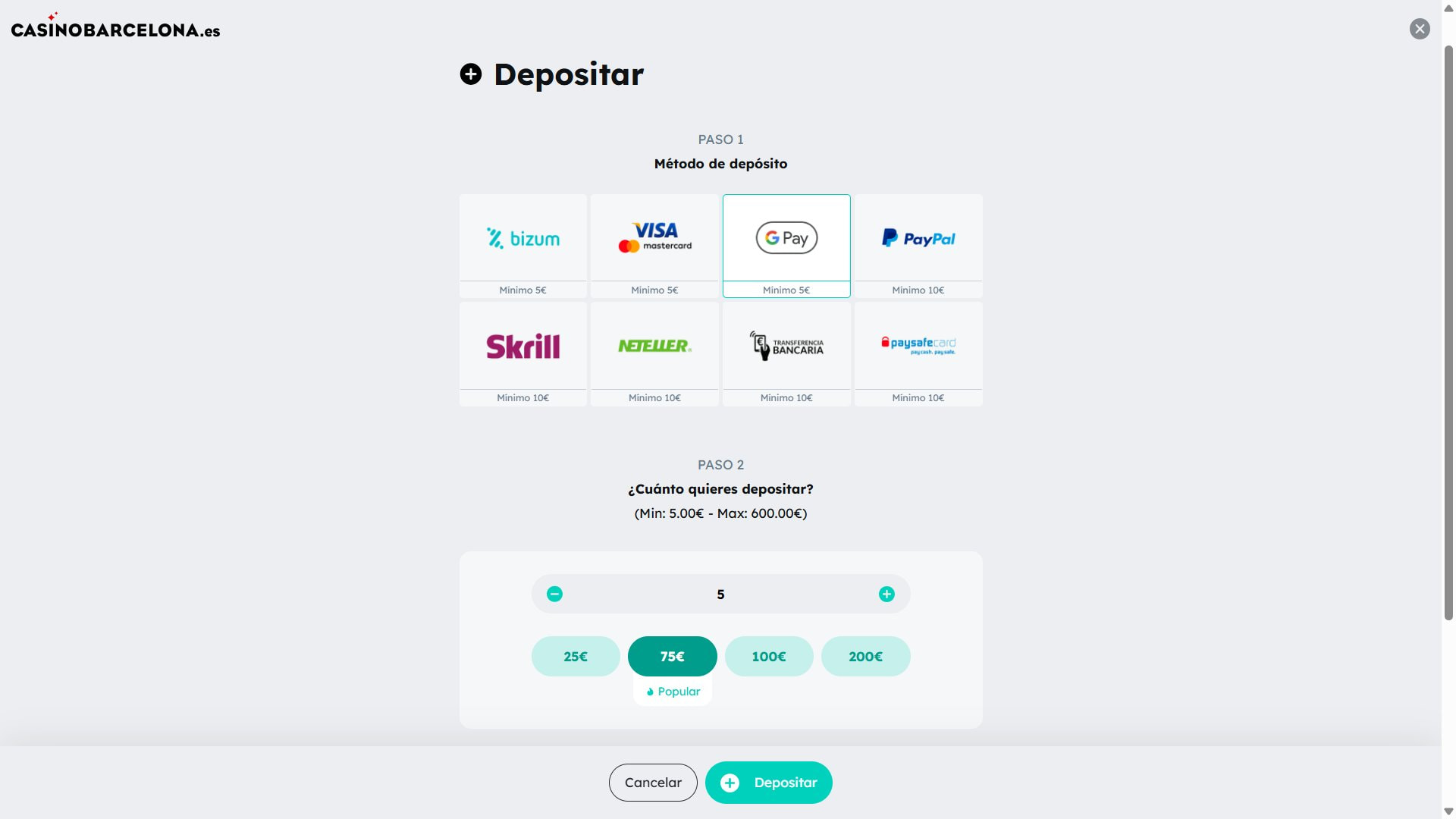 Casino Barcelona - depósito mínimo de 5€ con Google Pay