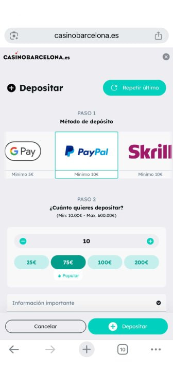 Depósito con PayPal en Casino Barcelona