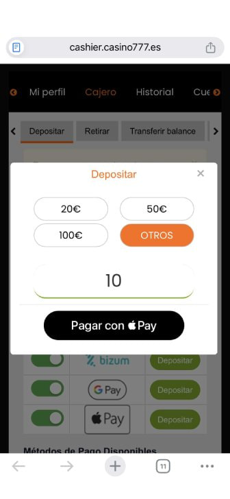 Depósito con Apple Pay en Casino777