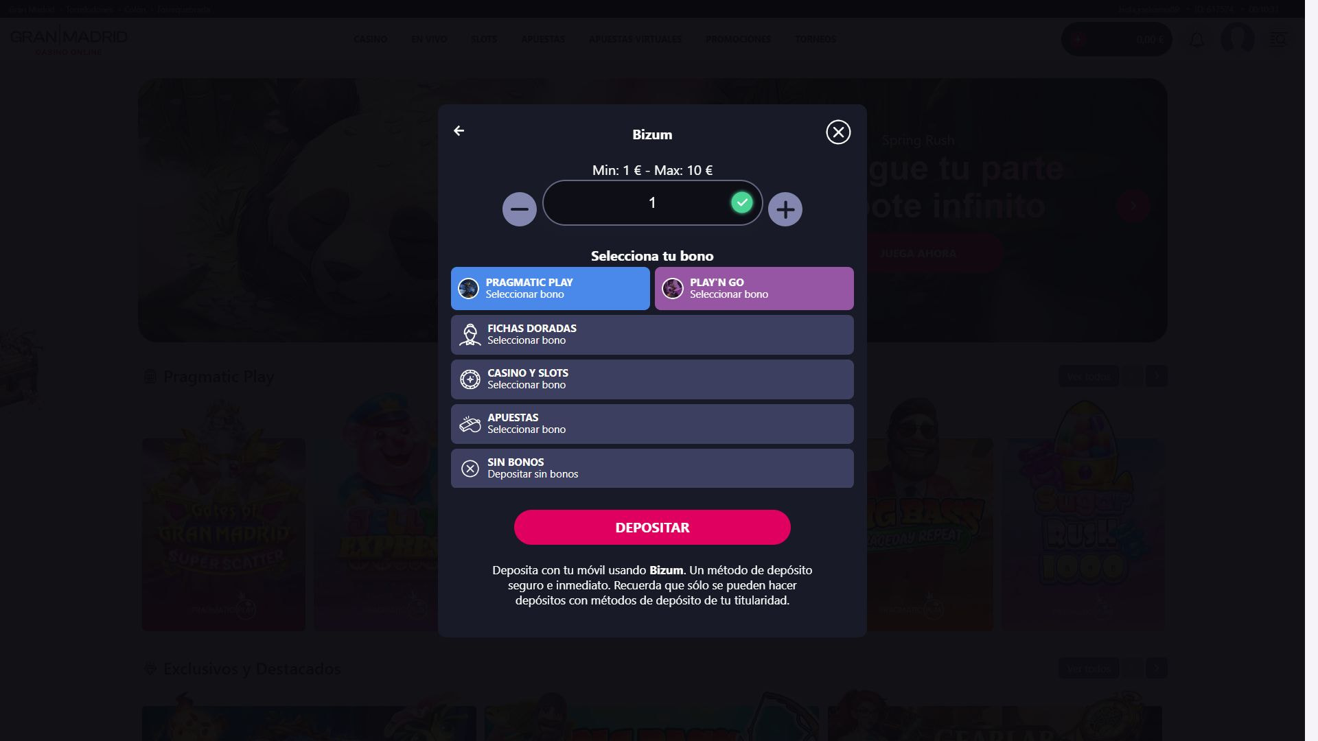 Gran Madrid Casino Online - depósito mínimo de 1€ con Bizum